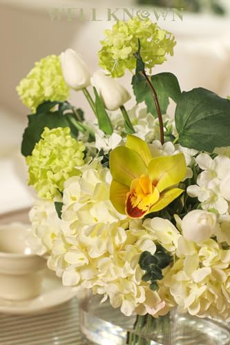 WELL KNOWN Artificial Flowers in Vase, Fake Hydrangea Tulips Flowers Bouquet in Vase, Spring & Summer Decor as Dining Table Centerpiece for Home Housewarming Wedding Party & Mom's Gift (Green) - color: Green Max