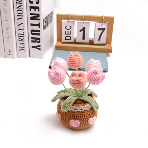 Crocheted Tulip Bouquets, Artificial Tulip Hand-Woven Flowers Suitable for Home, Office Decorations and Birthday Gifts for Family and Friends Anniversary (6 Flowers-Pink) - color: Pink a, size: A
