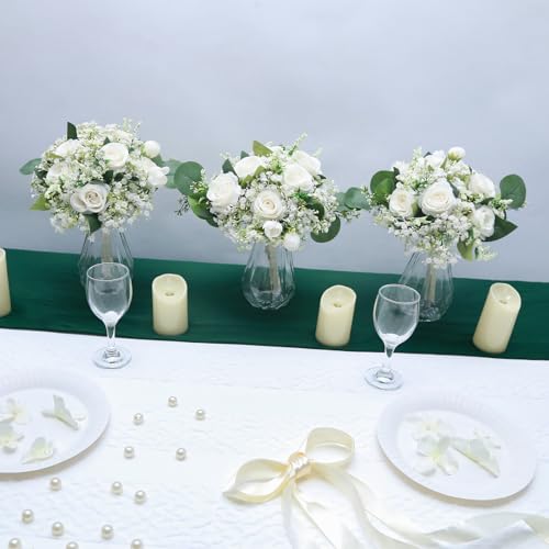 Artificial Bridesmaid Bouquets Set of 6 - Ivory White 9 Inch Flower Bouquet for Wedding Party Ceremony Anniversary Table Centerpieces Decor Faux Boho (Small Rose & Babys Breath & Ribbon) - color: Small Rose