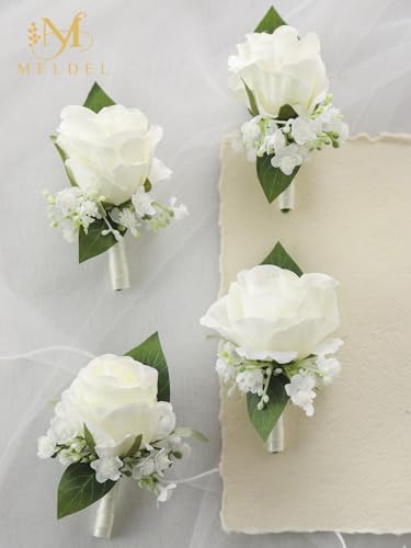 6Pcs Ivory White Rose Boutonniere for Men Wedding, Dance Party | Groomsmen Groom and Best Man Boutonniere for Wedding, Rose Boutonniere for Men Prom Homecoming Anniversary Party - color: White Boutonniere 6pcs