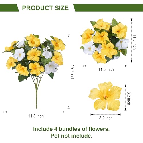 HyeFlora Artificial Flowers for Outdoors 4PCS Faux Petunias Silk Fake Flowers for Outside Planter UV Resistant Realistic Home Garden Porch Decor (Yellow 4branches) - color: Yellow 4branches
