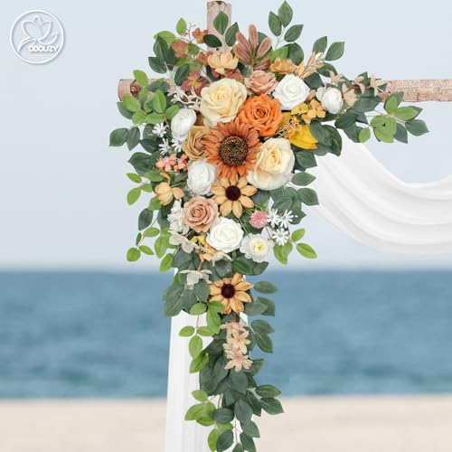 Odouzy Wedding Arch Flowers Kit,Artificial Flower Arch Decor (Set of 3),2pcs Artificial Flower Arrangement with 1pc Sheer Drape for Wedding Decor Reception Backdrop Floral Decorations (Coffee Orange) - color: Coffee Orange
