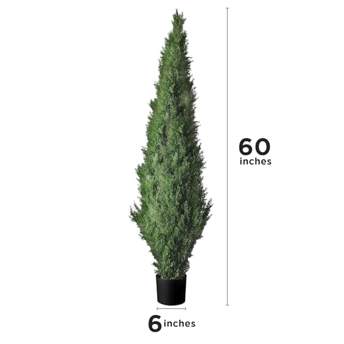 Set of 2 Pre-Potted 5 Feet Faux Cedar Tree, Lifelike UV Protected Front Door Decor, Porch, Garden, Entryway Topiary, Indoor/Outdoor Use - Ready to Display - size: 5ft
