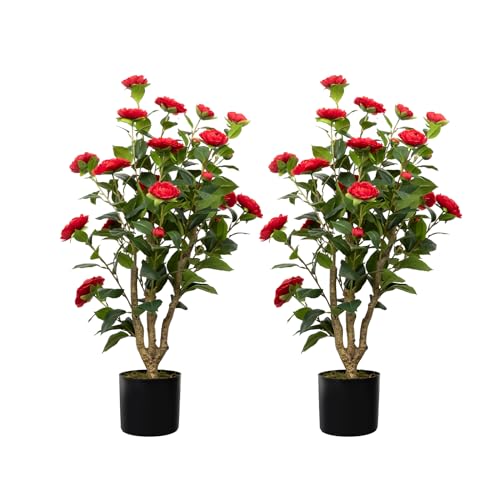 36” Artificial Camellia Tree 2 Packs, Faux Camellia Plant in Pot with Red Flowers, Greenery Camellia Tree for Spring Home Front Door Outdoor Indoor Decoration, Red - color: Red, size: 3FT
