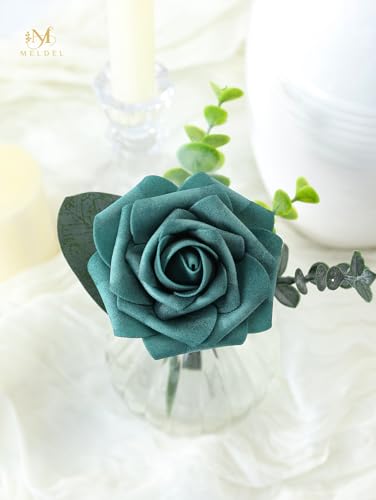 Artificial Flowers 25 Pack Peacock Green Faux Foam Roses with Stems, Real Looking Fake Rose for DIY Wedding Bouquets, Bridal Shower Centerpieces, Party Table Decorations, Home Decor - color: Peacock Green, size: 25Pcs