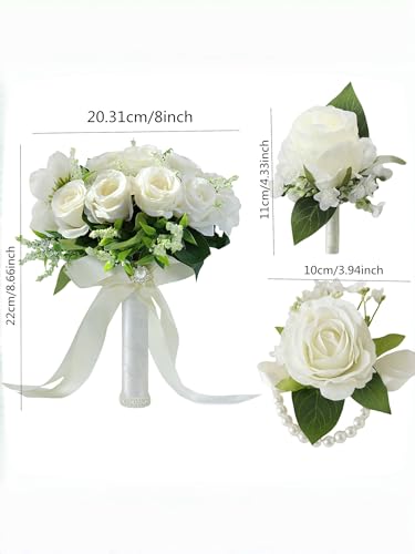 Bride/Bridesmaid Bouquets with Corsage & Boutonniere for Wedding | 8Inch Ivory White Artificial Roses Flowers Bridal Bouquet for Wedding Church Decoration, Ceremony, Anniversary, Home Decor - color: Ivory Bride Bouquets With Corsage & Boutonniere Set