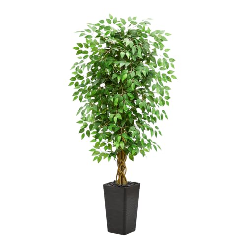 Artificial Ficus Tree 5FT Faux Floor Tree with Planter UV Resistant Potted Fake Silk Plant - Faux Trees Indoor Outdoor Lifelike Fake Ficus Tree for Home, Living Room Bedroom Topiary Tree - color: Black, size: 5ft