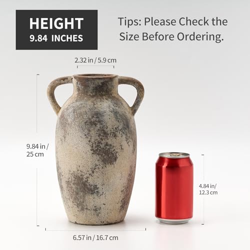 PORCER 9.84 Inch Ceramic Vase with Handles, Tuscan Decor Antique Terracotta Vase, Rustic Decorative Flower Vase for Home Decor, Farmhouse, Living Room, Table, Bedroom, Office, Entrance- Gray - color: Gray