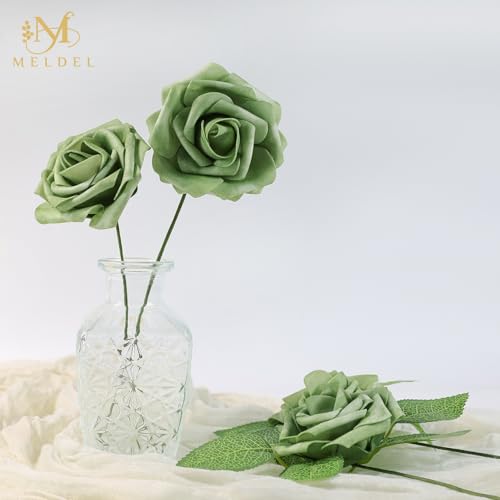 Artificial Flowers 25 Pack Elf Green Faux Foam Roses with Stems, Real Looking Fake Rose for DIY Wedding Bouquets, Bridal Shower Centerpieces, Party Table Decorations, Home Decor - color: Elf Green, size: 25Pcs