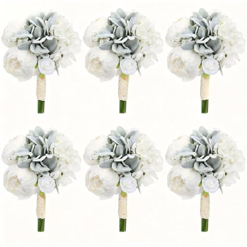 White Pre-Made Bridesmaids Bouquets Set of 6-7 inch Small Rustic Aritificial Flower Bouquet for Wedding Marriage Proposal Decor - color: White, size: Set of 6 Bouquets
