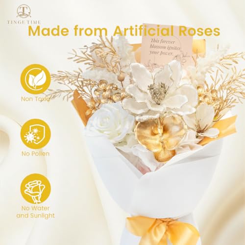 TINGE TIME Preserved Flowers Bouquet, Platinum Faux Rose Bouquets, Eternal Roses Bouquet for Wedding, Table Centerpieces, Mothers Day, Birthday Gifts, Anniversary, Graduation(White & Gold) - color: Platinum