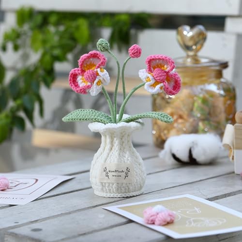 Orchid Crochet Flower Pot Deep Rose Handmade Knitted Phalaenopsis Desk Decor for Home Office - color: Deep Rose Phalaenopsis