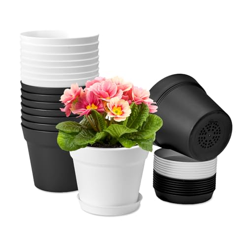 homenote Plant Pots,6 Inch Flower Pots for Plants Plastic Planters for Indoor with Multiple Drainage Holes and Trays, for All Home Garden Flowers Succulents,Outdoor(White&Black,16 Pack) - color: White & Black-16 Pcs, size: 6 Inch