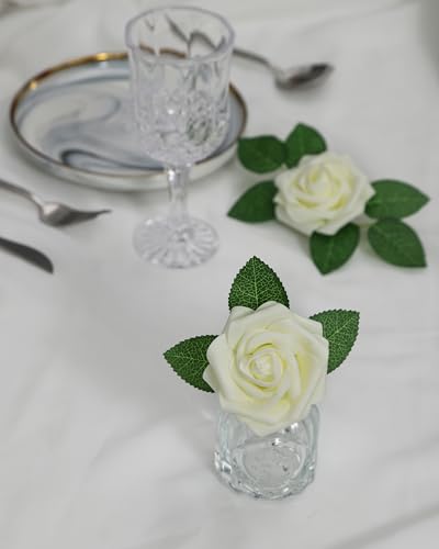 DuHouse 25Pcs Artificial Roses Flowers Fake Roses with Stems Real Touch Foam Flowers for DIY Wedding Bouquet Party Centerpiece Floral Arrangement Party Home Decor(Ivory White) - color: Ivory White, size: 25pcs