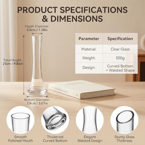 25CM Tall Glass Flower Bud Vase Single Stem Decorative Vase Narrow Bud Vase Table Centrepiece for Wedding Living Room Table Home Decoration(Transparent)