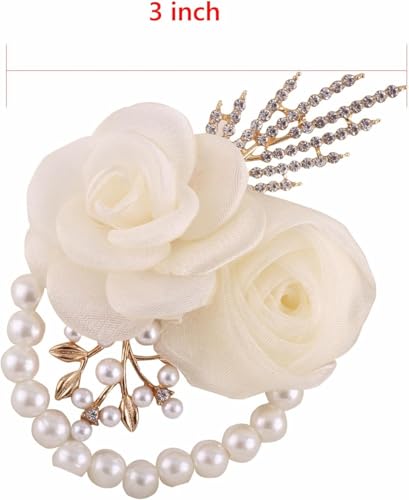 Bridal Wrist Corsage with White Roses, Pearl Beads and Crystal Accents, 2-Pack for Wedding Bride,Bridemaids,Party