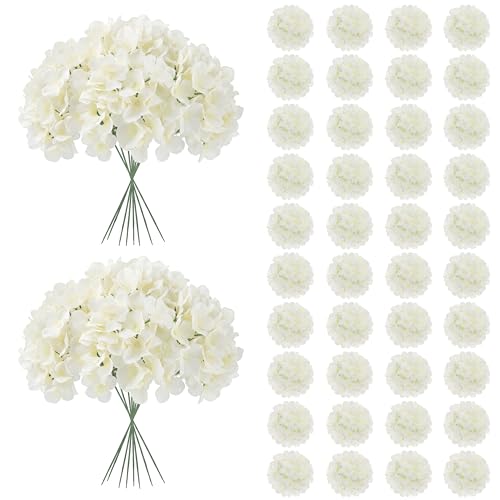 JPSOR 40pcs Artificial Hydrangea Silk Flower Heads with Stems, Fake Flowers for Mothers Day Wedding Centerpiece Home Garden Party Decoration (White) - color: White