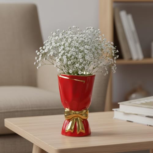 7 Inch Red Ceramic Vase for Centerpiece, Bow Ceramic Vases Home Decor, Small Modern Vase for Office Shelf, Western Desk Decor, Windowsill, Bathroom Counter, Centerpiece Table Decorations - color: Red, size: 7 inch