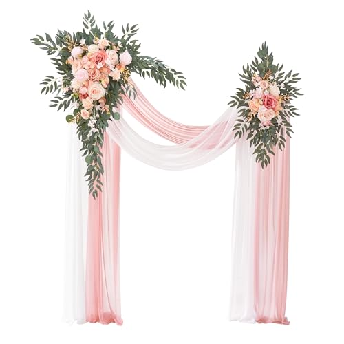 Deluxe Wedding Arch Flowers with Drapes Kit Pack of 4, 2pcs Dusty Pink Sage Hanging Silk Flowers Arrangement 2pcs Chiffon Drapes for Ceremony Arbor Party Outdoor Decor - color: Dusty Pink & Pink