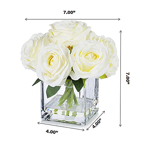Enova Floral 7 Large Stems Artificial Silk Roses Fake Flowers Arrangement in Cube Glass Vase with Faux Water for Home Office Wedding Decoration (Cream) - color: Cream