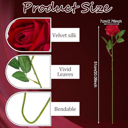 90 Pcs Red Velvet Rose Artificial Flowers, 51cm Silk Wedding Fake Silk Roses Florals for Centerpieces DIY Bouquet Party Arrangement Bridal Home Decor - color: Red