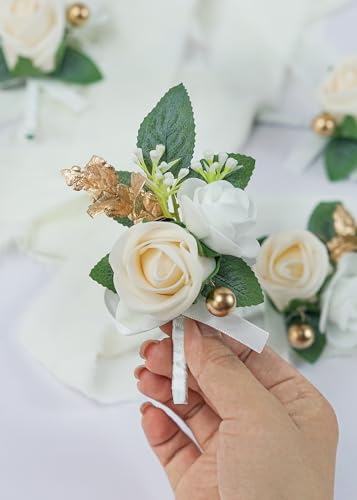 Set of 2 Ivory Rose Boutonniere for MenWedding, Groom Groomsman Artificial Flowers for Wedding Anniversary Celebration,Prom,Party,Home Decoratio (Ivory) - color: Ivory