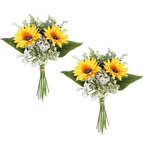 2Pcs Artificial Sunflower Bouquet, Silk Sunflower Baby Breath Flower Arrangement Fall Wedding Bouquet for Weeding Party Home Kitchen Decor Table Centerpiece