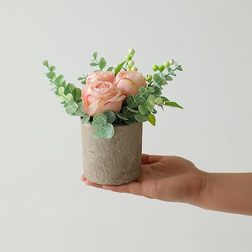 Small Artificial Burnt Pink Rose Potted Plant, 6" Fake Silk Flowers in 3" Cylindrical Pot, Mini Faux Floral Arrangement for Desk Shelf Bathroom Decor - color: Burnt Pink