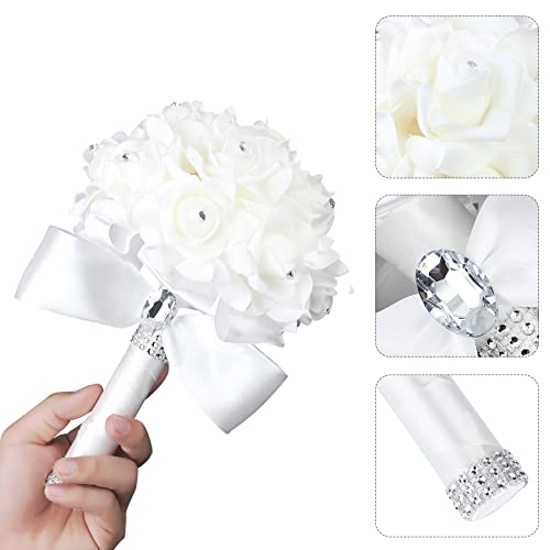 Wedding Bouquet Crystal Roses Bridesmaid Bouquet, Bridal Bouquet Artificial Flowers for Wedding, Party and Church (Ivory Ribbon) - color: Ivory-