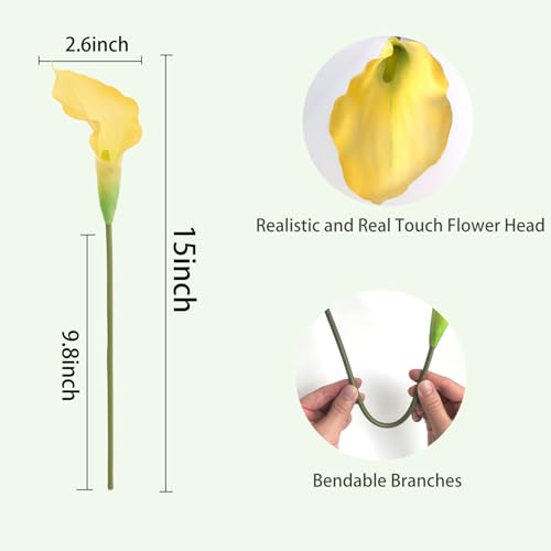 12 PCS Yellow Calla Lily Artificial Flowers,14.6" Faux Calla Lilies Flower Real Touch Silicone Fake Lilies Flowers for Home Decor,DIY Wedding Centerpieces, Indoor Floral Arrangements - color: Yellow