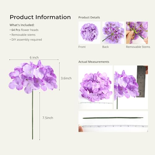 Auihiay 64pcs Hydrangea Artificial Flowers, Purple Artificial Hydrangea Flowers, Silk Hydrangea Heads with Stems for Garden, Home Party Baby Shower DIY Wedding Centerpiece (Purple) - color: Purple