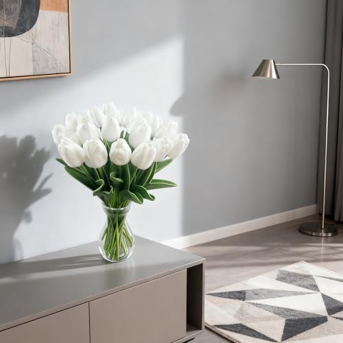 20pcs–13.5 Inch White Tulips Artificial Flowers Mother's Day Easter Valentine’S Day Gifts in Home Kitchen Wedding Dining Table Decorations Faux Flowers