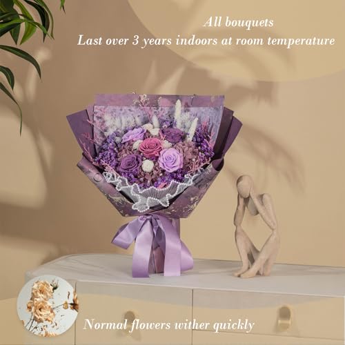 large Preserved flowers Bouquet with Real Roses,Long Lasting flower for delivery prime,Birthday for Women,Wedding,Mother’s Day,Valentine’s Day,Anniversary,Wife,Girlfriend,Christmas Gifts(Purple) - color: Purple