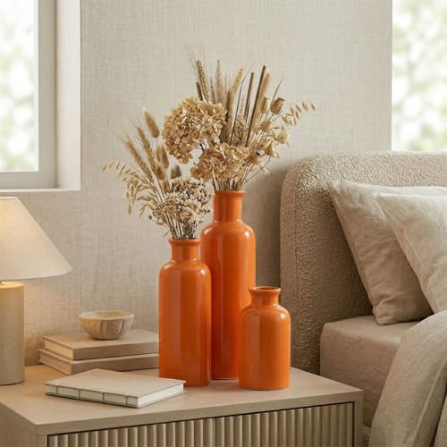 Ceramic Vase Set - 3 Orange Small Vases, Farmhouse Country Flower Vase Home Decor, Living Room Decoration, Table Decoration, Fireplace Decor, and Entrance Decorations Centerpieces - color: Orange