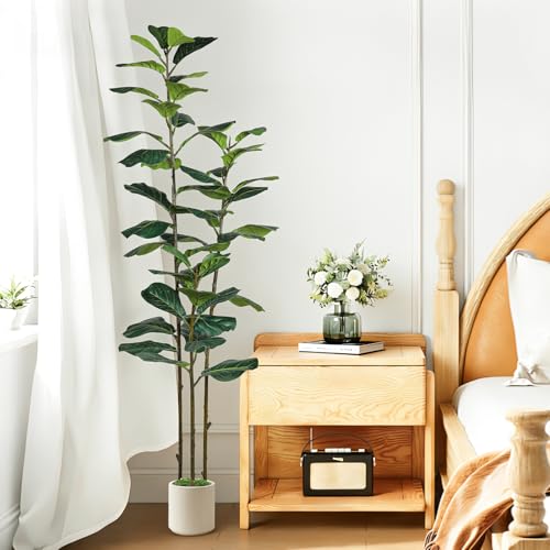 Alupssuc 6FT Artificial Fiddle Leaf Fig Tree with White Planter Pot, 6 feet Tall Fake Tree for Home Decor, Faux Ficus Tree Fake Moss for Indoor Outdoor Office Living Room - size: 6ft