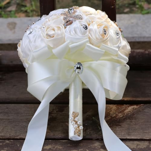 Small Bridal Wedding Bouquet Handmade with Bling Rhinestone Pearl Brooch Satin Rose Flower Bouquet for Bridesmaid Bride Wedding Champagne and Ivory 6.3in - color: Champagne & Ivory, size: Small (DIA. 6.3"/16cm)