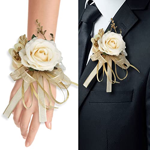 Beige Rose Wrist Flower Corsage & Boutonniere Set for Wedding Bride Bridesmaid Groom Groomsmen Parents Suit Lapel Pin Button Hole Flower for Prom Homecoming, Tea Party, Formal Dinner - color: Beige Set
