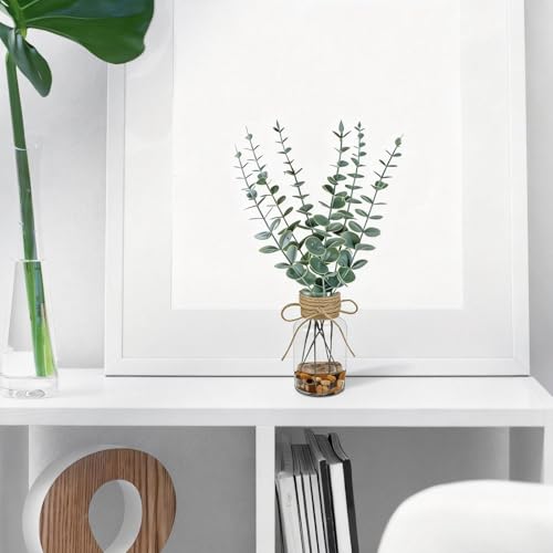 2 Pack Artificial Eucalyptus Stems in Glass Vases, 14" Fake Plants with Faux Water Stones, Small Faux Plants for Kitchen Bathroom Shelf Coffee Table Decor (Green) - color: Green
