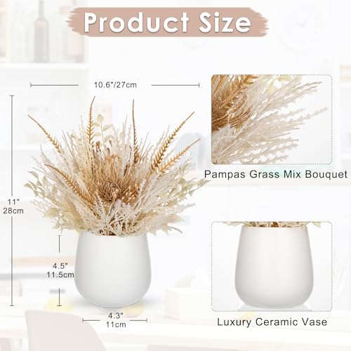 Hollyone Faux Pampas Grass with Vase, Artificial Pampas Grass Flowers Bouquet Plant Fluffy Boho Home Decor Fake Pompass Pompous Grass Floral Arrangement for Wedding Party Table Room Decorations White - color: White