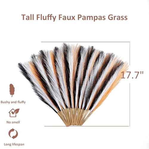 Pampas Grass Small, Black&White&Orange 30 Pcs 17" Faux Pampas Grass Short Decor, Pompas Grass Flower Arrangement and Vase Filler for Halloween Decoration - color: Black&white&orange, size: 17'' Tall