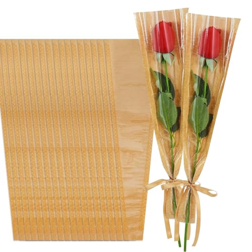 BEISHIDA 100 Pcs Single Rose Sleeve Bouquet Bags Kraft Paper Flower Bouquet Wrapping Paper Clear Single Flower Sleeve Rose Packaging For Mother's Day,Graduation,Wedding,Valentine's Day(15.7 X 4.7) - color: single-kraft-clear