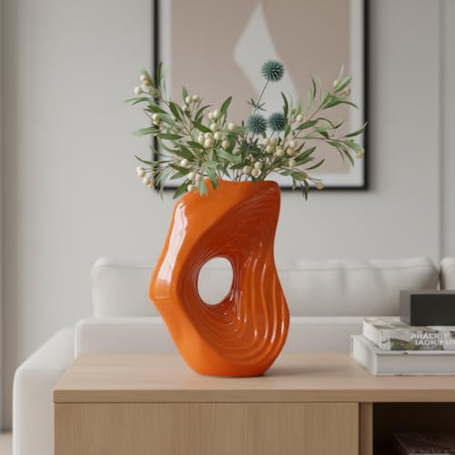 Sunddo Orange Ceramic Vase for Pampas Grass, 11 Inch Donut Modern Vase for Flowers, Nordic Art Decorative Vases for Home Decor, Entryway Table, Fireplace, Mantel, Console Decor - color: Orange, size: 11 inch