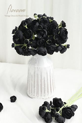Floroom Ranunculus Artificial Flowers 18 Pcs Black Faux Silk Mini Ranunculus Bulk Fake Wedding Filler Flowers for DIY Bouquets, Centerpieces, Bridal Shower Decorations & Arrangements - color: Black