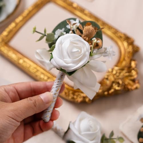 White Faux Foam Rose Men Boutonnieres for Wedding Prom 6Pcs | White Artificial Foam Rose Boutonnieres for Wedding Prom Groom Groomsmen Party Homecoming Graduation Suit Decoration - color: White Style a