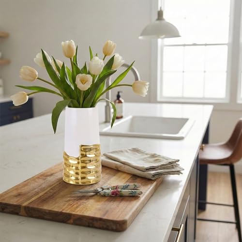 LCCCK 7.0" Gold Hammered Vase Home Decor, Elegant Ceramic White and Gold Flower Vase for Pampas Grass Decorative, Boho Small Cylinder Vases Centerpiece, Dining Table Living Room Jarrones Art - color: White and Gold