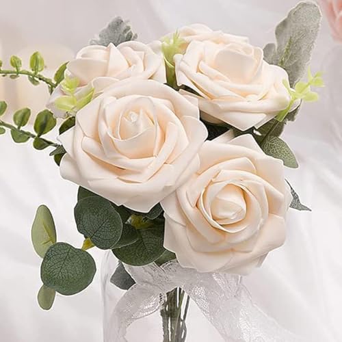 Higfra Artificial Flowers 50 Stems Realistic Roses - Lifelike Fake Flowers for Wedding Bouquets, Baby Shower Decor, Home Centerpieces, DIY Floral Arrangements (Champagne, 50pcs) - color: Champagne, size: 50Pcs
