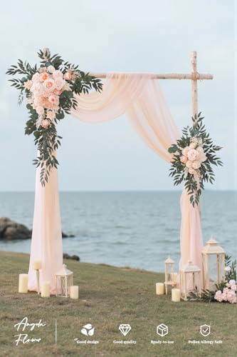 Deluxe Wedding Arch Flowers with Drapes Kit Pack of 4, 2pcs Babypink Sage Hanging Silk Flowers Arrangement 2pcs Chiffon Drapes for Ceremony Arbor Party Outdoor Decor - color: Babypink & Champagne