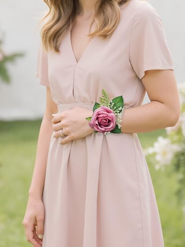 Pink Rose Corsage and Boutonniere Set Wristlet Corsage for Bride Bridesmaids, Boutonniere for Groom Groomsmen Prom Wedding Flowers Accessories,Homecoming, Anniversary, Graduation (Pink) - color: Pink