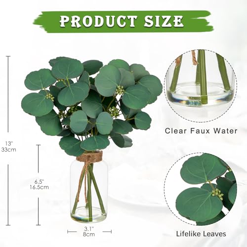 Briful Artificial Eucalyptus Stems in Clear Glass Vase with Faux Water, 14" Fake Plant Eucalyptus Leaves for Home Office Farmhouse Wedding Centerpiece Décor - color: Dark Green
