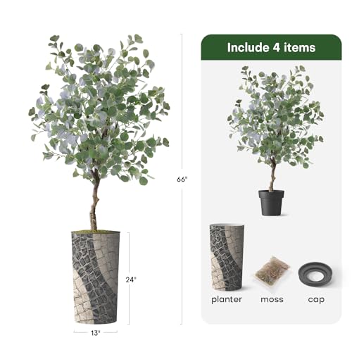 Artificial Tree in Geometric Pattern Planter, Fake Eucalyptus Silk Tree for Indoor and Outdoor Home Decoration - 66" Overall Tall (Plant Pot Plus Tree) - style: Eucalyptus Tree